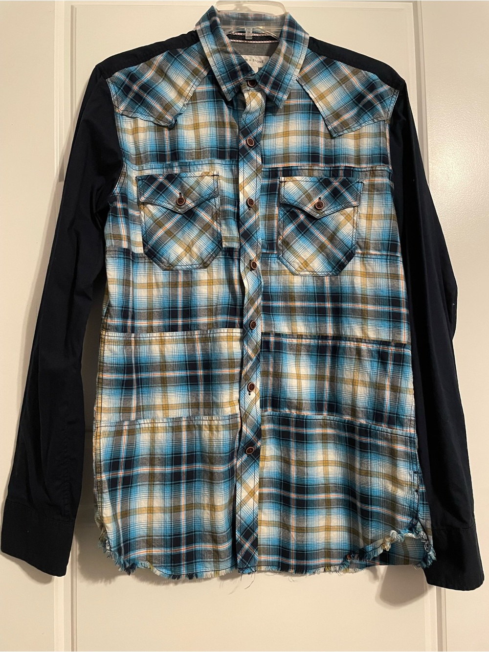 Sun + Stone Blue Plaid Button-Down Shirt with Navy Blue Long Sleeves